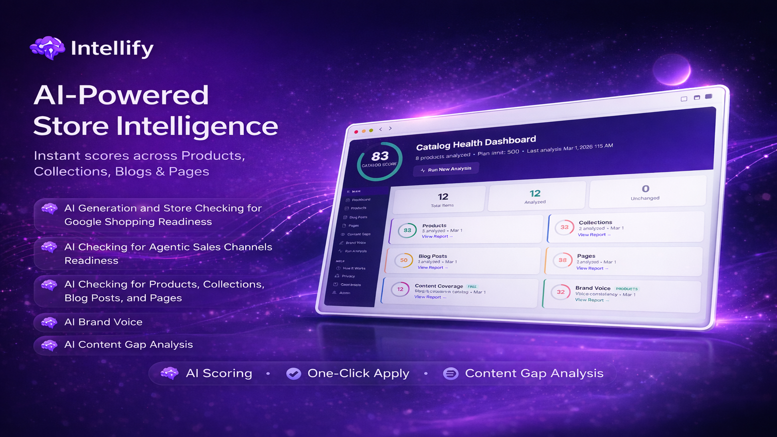 Intellify Catalog Health Dashboard showing AI-powered product scores across Quality, SEO, Google Shopping, and AI Readiness